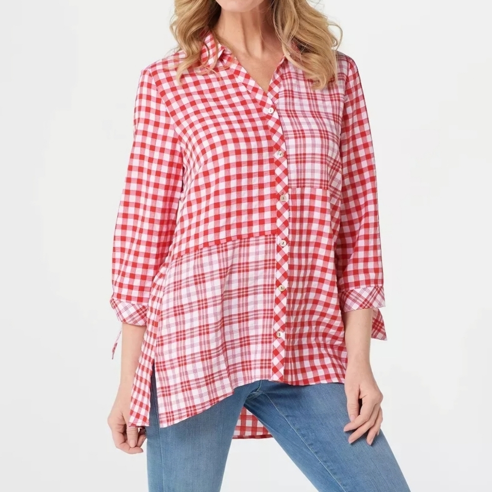 Susan Graver Artsy Red Yarn Dyed Red Gingham 3/4 Sleeve High-Low Shirt M